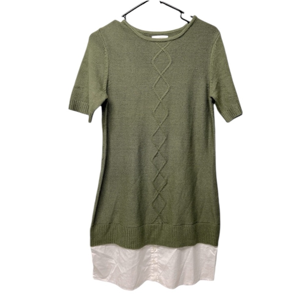 NY&Co Olive Green layered look cable knit Sweater Dress M short sleeve